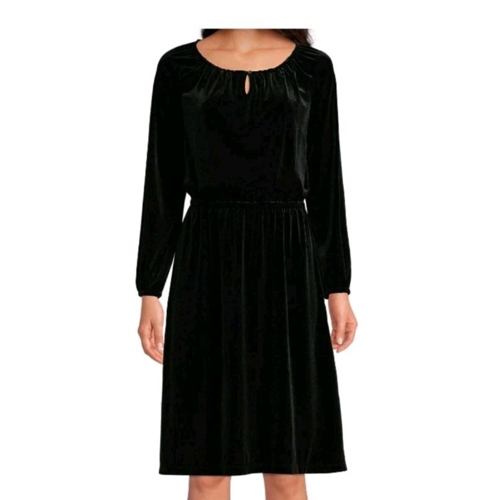 Lands End Black Velvet Peasant Dress Elastic‎ Waist Stretch Medium Long Sleeve